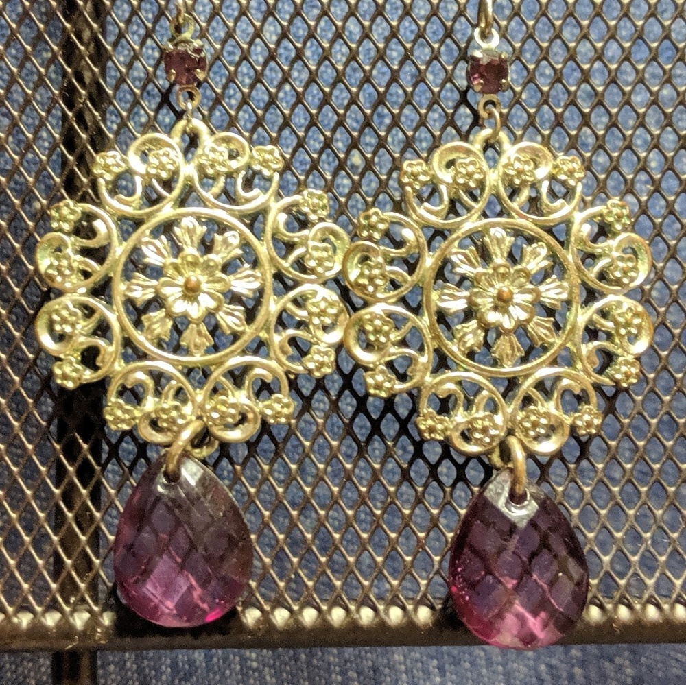 Silver Etched Earrings with Amethyst Bead - Picture 2 of 4